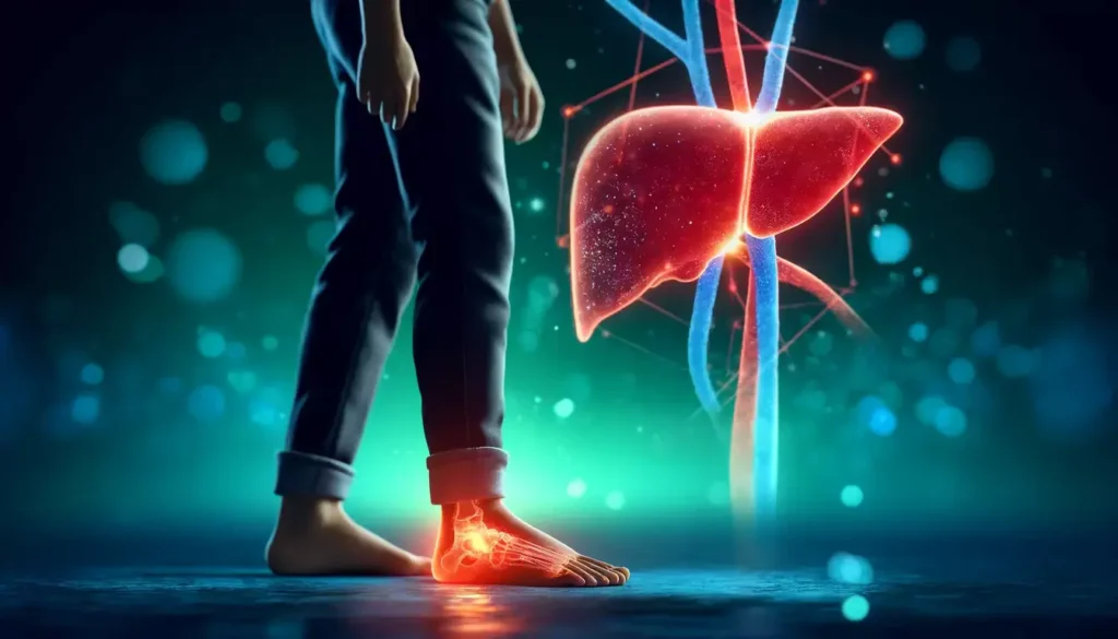 a person standing with one foot in pain, highlighted in red, showing The Shocking Link Between Your Feet And Your Liver