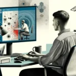 A young adult sitting at a desk with poor posture.
