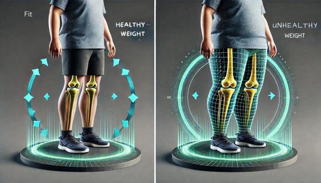 Comparison image showing the impact of healthy versus unhealthy weight on knee joints, highlighting the pressure difference