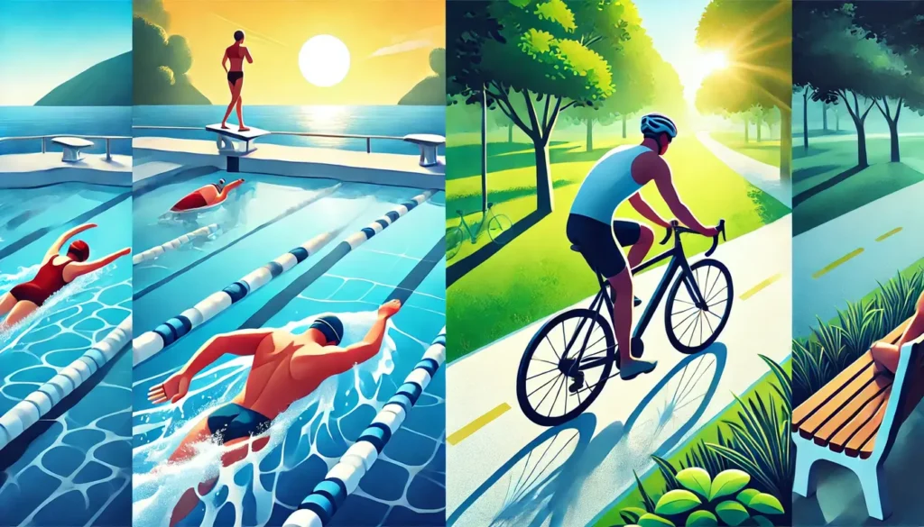 Images of individuals engaging in low-impact exercises such as swimming and cycling, emphasizing the benefits for knee health