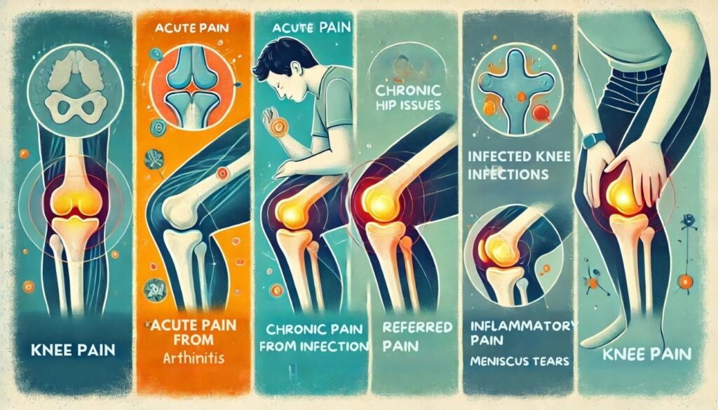 Various types of knee pain (e.g., acute, chronic, referred, inflammatory, mechanical) with illustrations of common causes like injuries, arthritis, and overuse..jpg