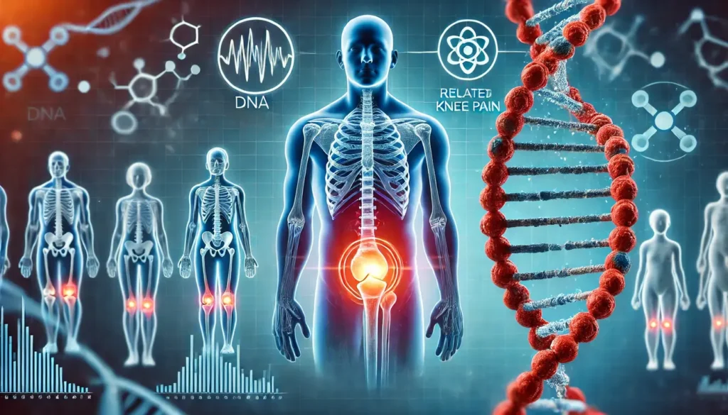 Visual representation of the genetic link to knee pain, possibly showing family trees or DNA strands with highlights on joint-related genes