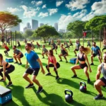 a diverse group of people, engaging in functional fitness activities