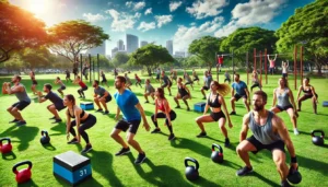 a diverse group of people, engaging in functional fitness activities