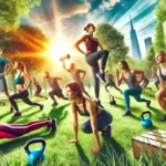 a group of diverse individuals, performing various functional fitness exercise