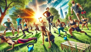 a group of diverse individuals, performing various functional fitness exercise