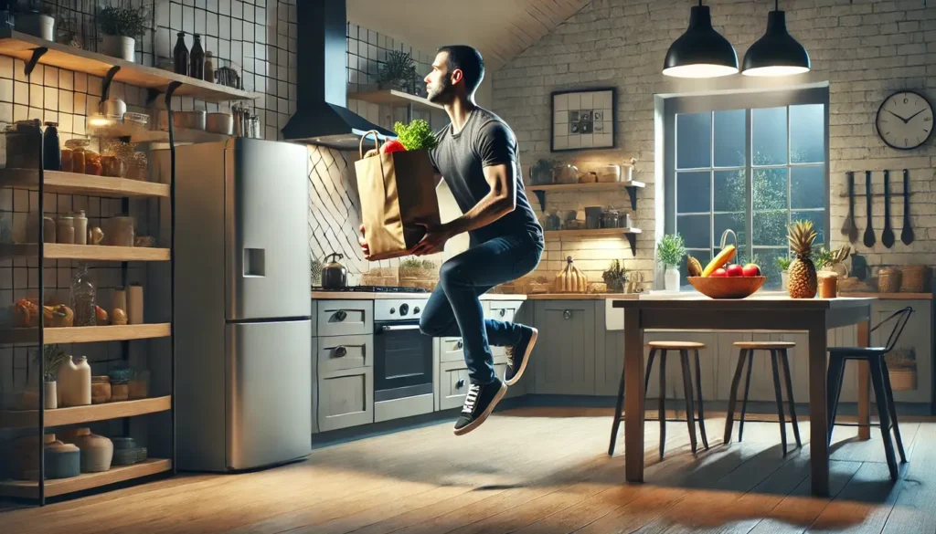 a person lifting grocery bags in a kitchen, demonstrating the principles of functional fitness