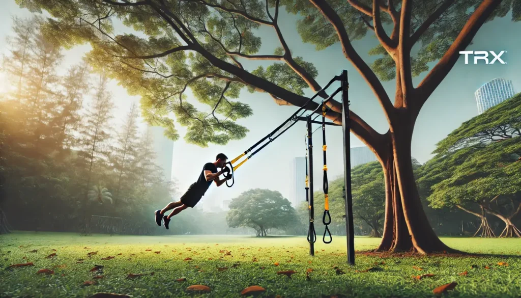 a person using a TRX Suspension Trainer attached to a tree in a park as functional fitness exercise
