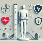 image of a person standing between two large measuring tools measuring waist-to-height ratio