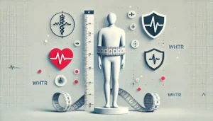 image of a person standing between two large measuring tools measuring waist-to-height ratio