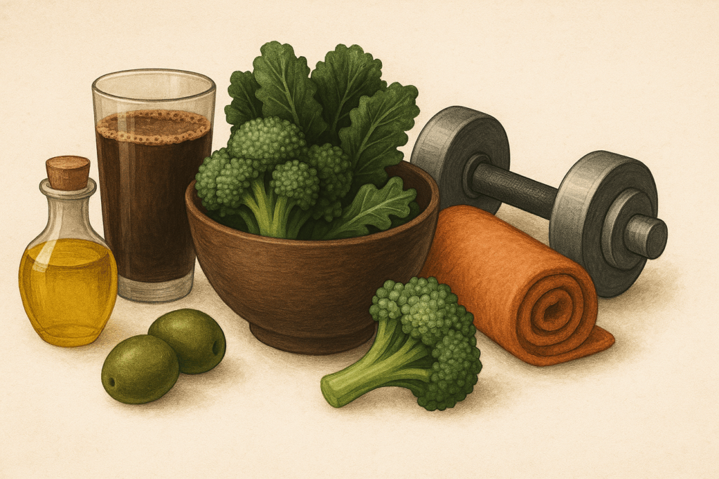 Clean, minimal still life with broccoli, kale, olive oil, coffee, and fitness items