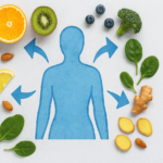 Detox concept with human silhouette and healthy cleansing foods like lemon, spinach, and berries.