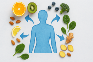 Detox concept with human silhouette and healthy cleansing foods like lemon, spinach, and berries.