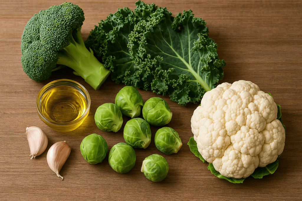 Image of cruciferous veggies, garlic, and olive oil on wood
