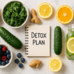 image of colorful detox ingredients on a white marble kitchen counter