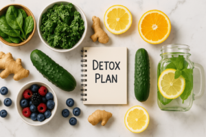image of colorful detox ingredients on a white marble kitchen counter