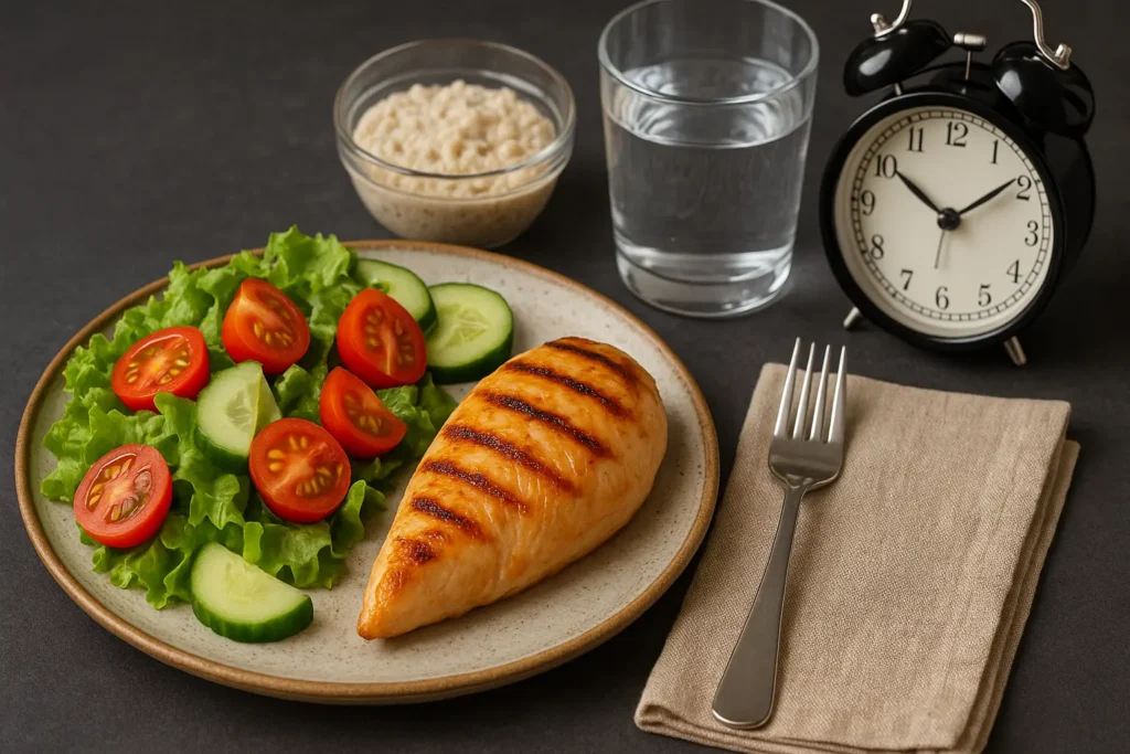 Intermittent fasting meal with chicken and salad for fat burning