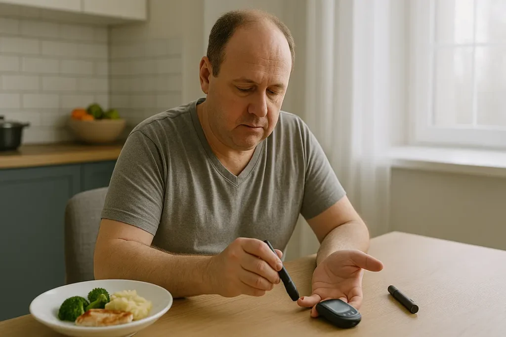 Man checking blood sugar levels due to belly fat-related insulin resistance