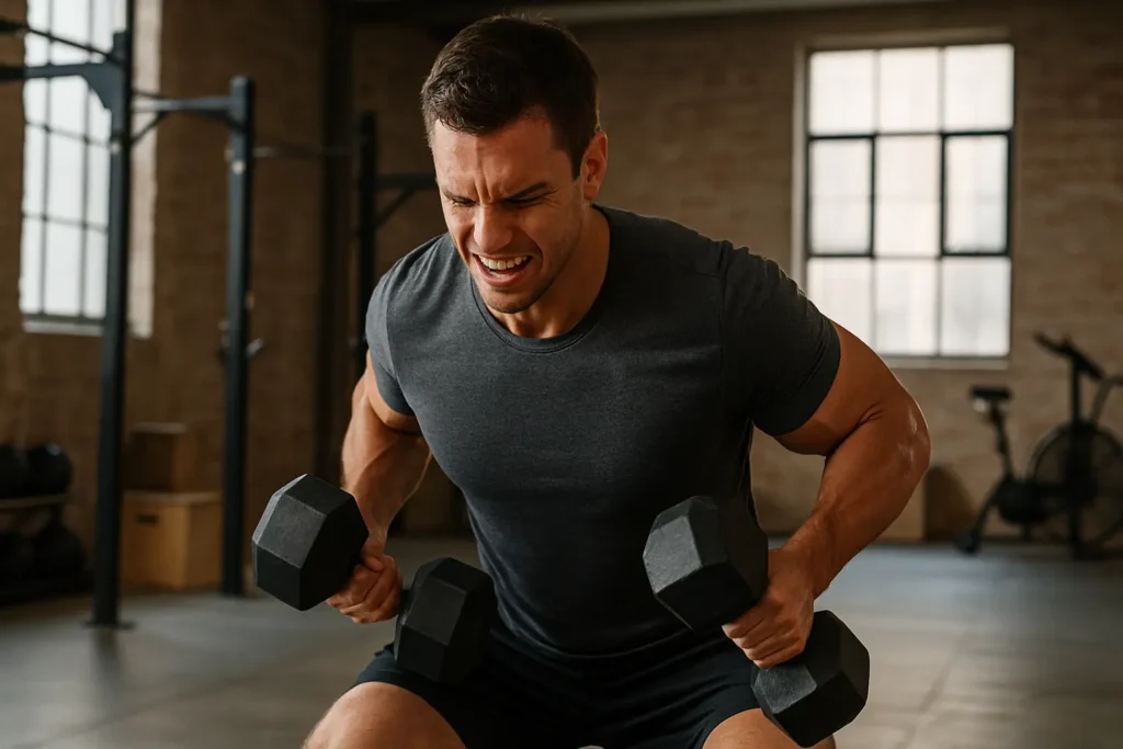 Man lifting dumbbells in gym to boost fat burning metabolism