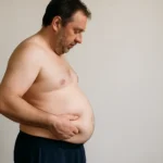 Middle-aged man looking at his belly fat with concern