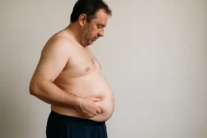 Middle-aged man looking at his belly fat with concern