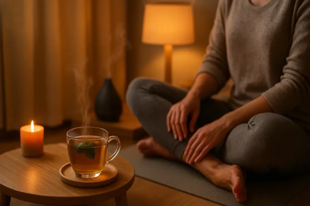 Evening herbal tea with light yoga for natural digestion and colon support