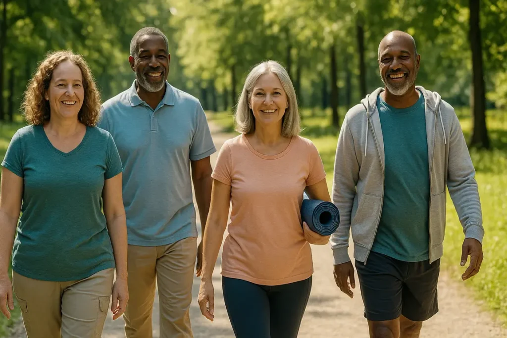 Group of adults walking in nature to improve digestion and support colon health