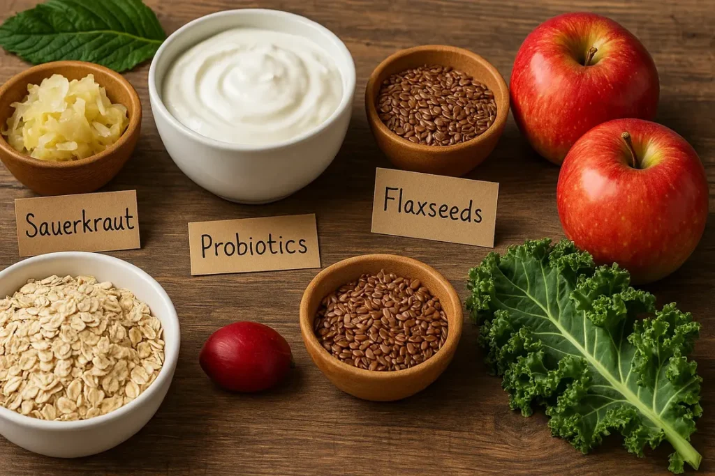 Natural probiotic and fiber-rich foods arranged on a wooden table for gut and colon health