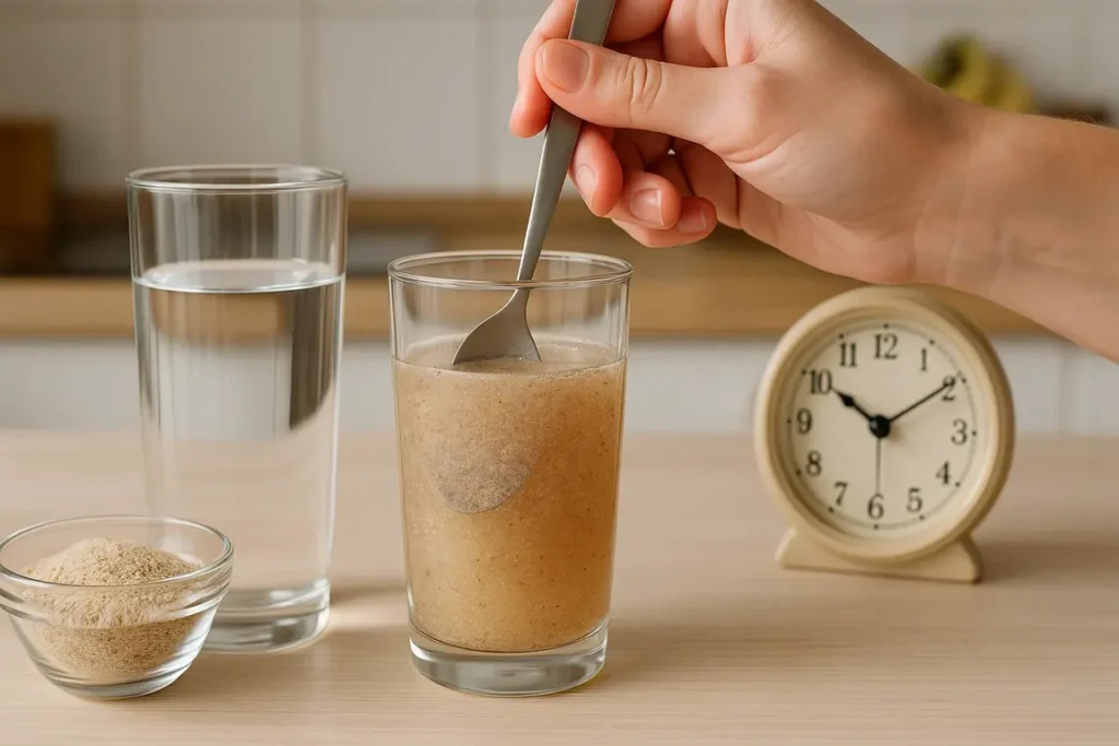Psyllium husk being stirred into a glass of water as a gentle colon cleansing method