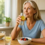 Woman drinking warm lemon water in a sunny kitchen — promoting morning colon cleansing naturally
