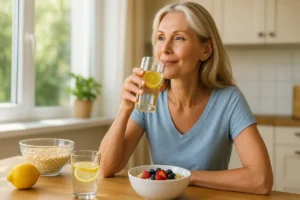 Woman drinking warm lemon water in a sunny kitchen — promoting morning colon cleansing naturally