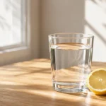 A glass of water on a desk in morning light, representing the benefits of staying hydrated