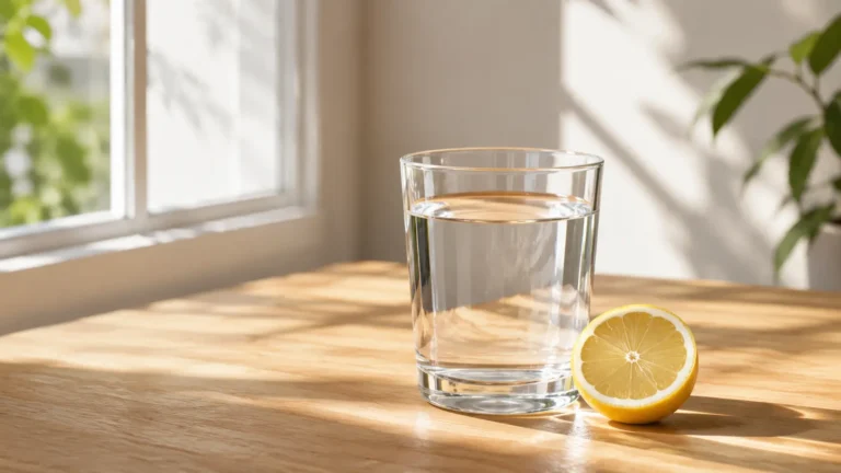 A glass of water on a desk in morning light, representing the benefits of staying hydrated