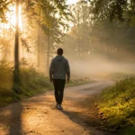 Person walking on a tree-lined path in morning light showing the benefits of walking daily