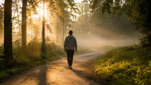 Person walking on a tree-lined path in morning light showing the benefits of walking daily