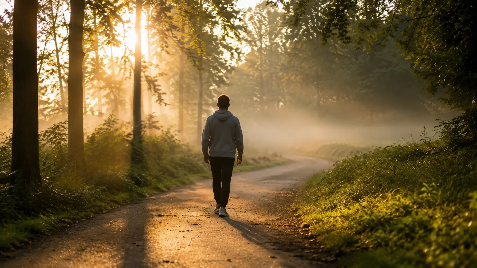 Person walking on a tree-lined path in morning light showing the benefits of walking daily