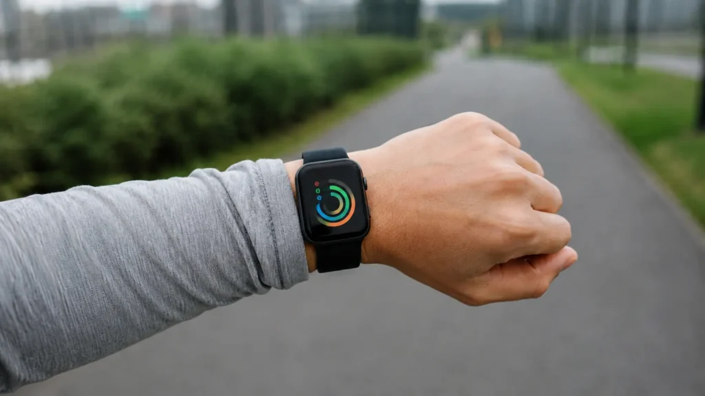 Person checking step count on fitness watch while walking outdoors