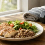 A balanced plate of food and a small dumbbell, representing habits that support a healthy metabolism