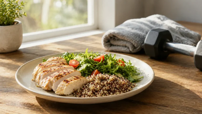 A balanced plate of food and a small dumbbell, representing habits that support a healthy metabolism