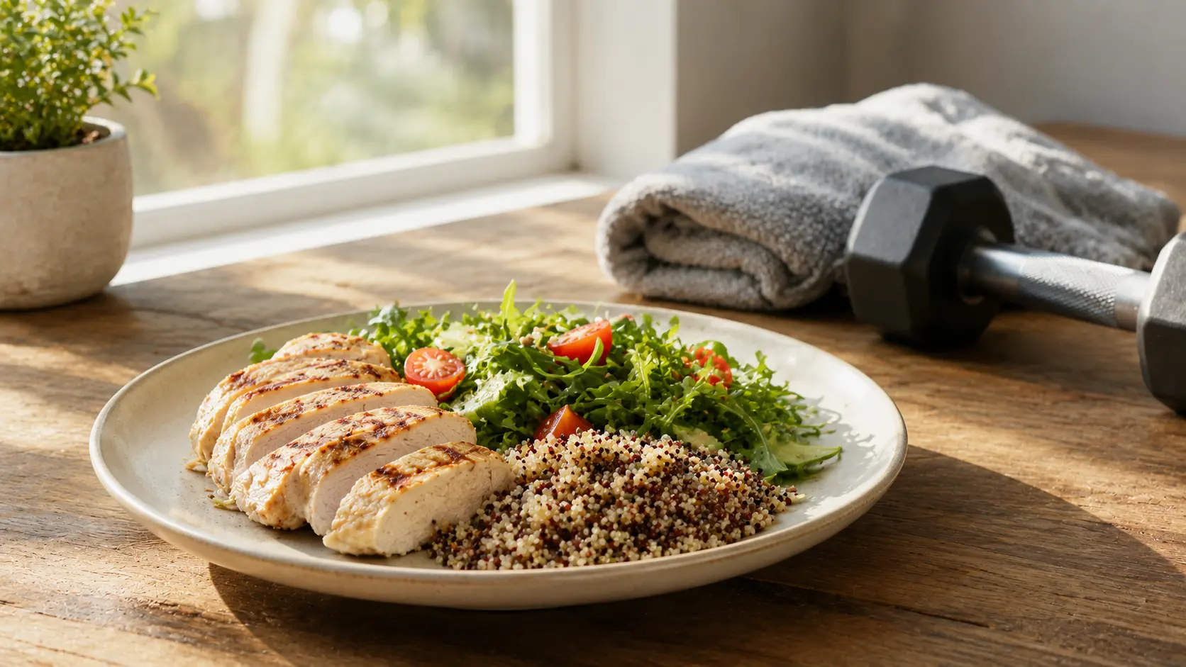 A balanced plate of food and a small dumbbell, representing habits that support a healthy metabolism