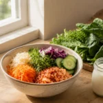 A bowl of fermented vegetables and kefir, representing habits that support gut health