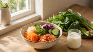 A bowl of fermented vegetables and kefir, representing habits that support gut health