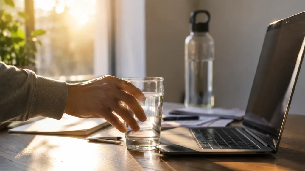 Person reaching for a glass of water at a desk, showing signs of dehydration and low energy