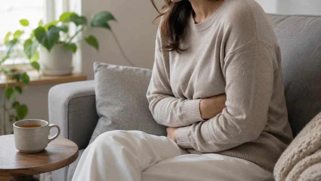 Person holding their stomach in discomfort, showing signs of poor gut health