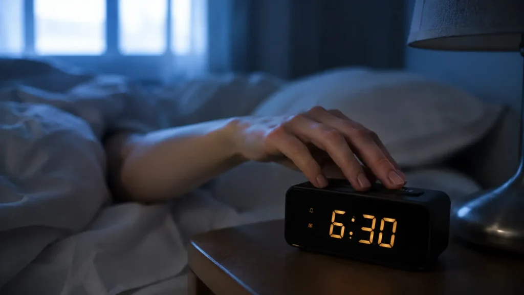 Hand turning off alarm clock showing signs of sleep deprivation in the morning