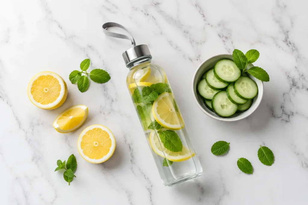 Water bottle with lemon, cucumber, and mint showing simple ways to drink more water every day