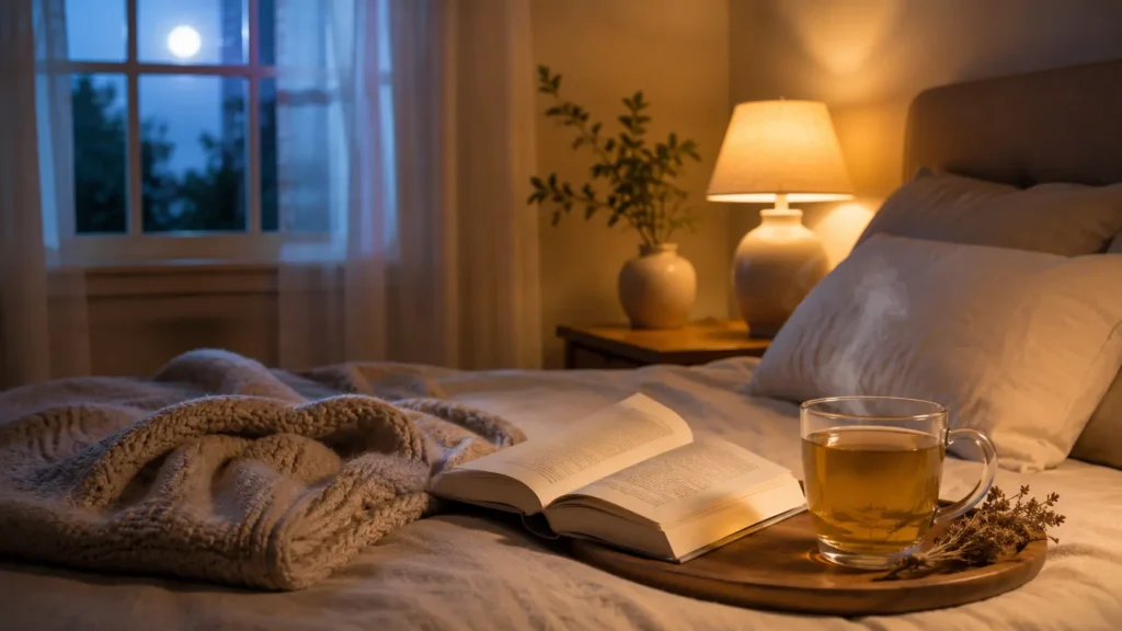Cozy bedtime wind-down setup showing simple ways to improve sleep quality