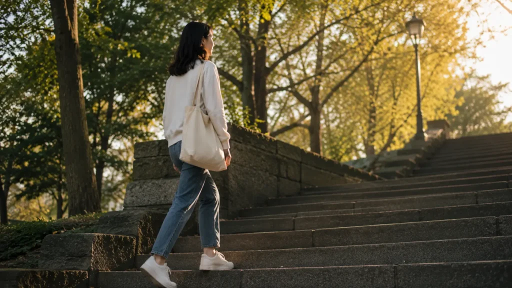 Person taking stairs outdoors as a simple way to walk more during a daily routine